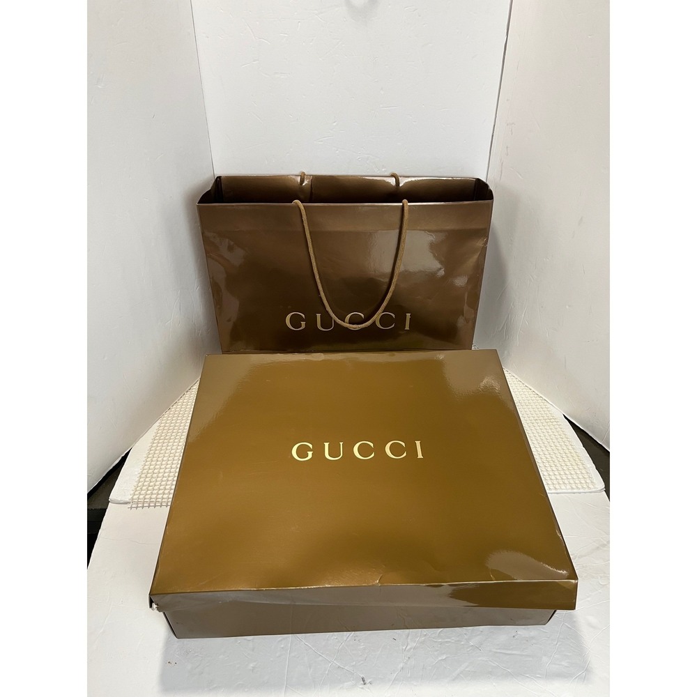 Gucci Large Gift Box Shopping Bag Ribbon Tissue Set Metallic Bronze GG Monogram
